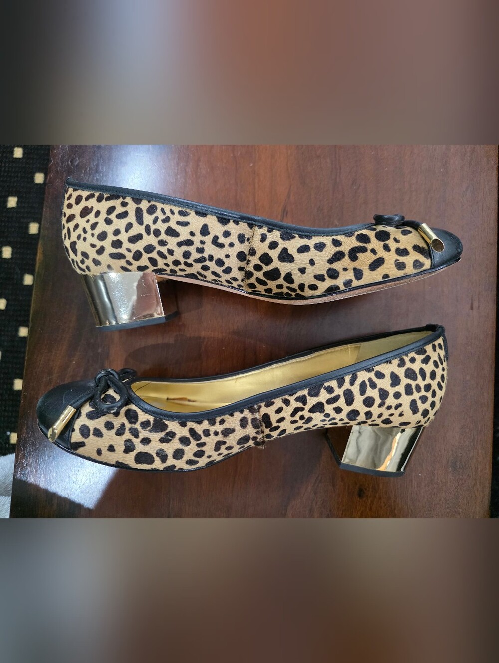 Ivanka Trump Leopard Print Low Gold Block Heel Pumps Shoes Tan Black